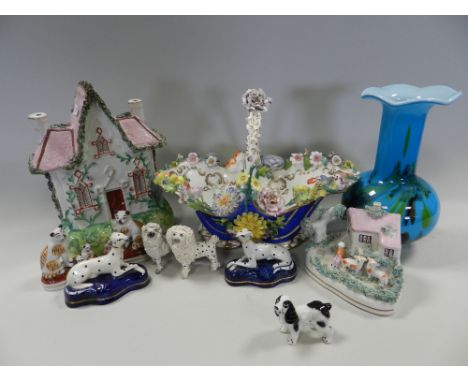 Three trays of decorative ceramics to include: Cottage pastille burners, Staffordshire style dogs, a Coalbrookdale florally e