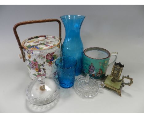 Two trays of assorted tea and glass wares, also a 19th century Pekin pattern mug by B & H, a German Fryer tankard, a 20th cen