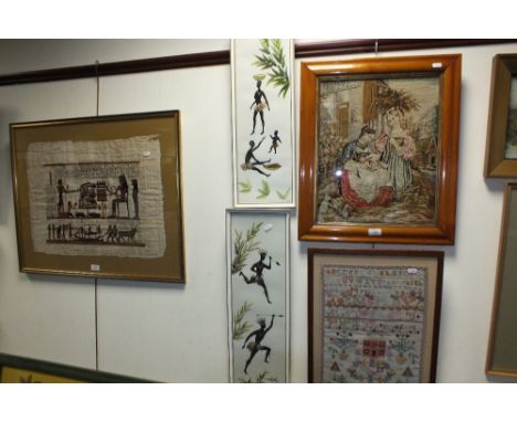 An Edwardian tapestry in a maple frame together with four further tapestries, two collages of African subjects and other item