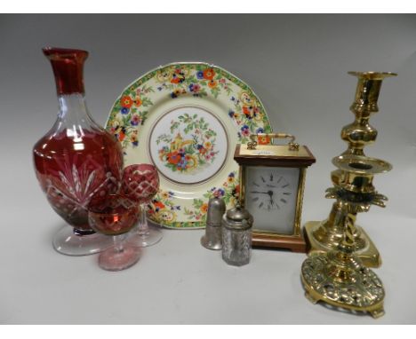 Two trays of assorted glass ware , part coffee service and metal wares including three pairs of brass candlesticks along with