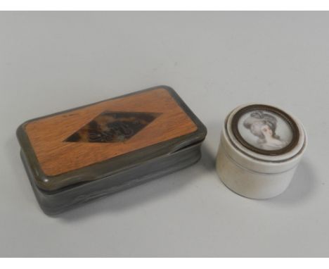 A circular ivory box cover with portrait miniature of a lady together with a horn box with tortoiseshell inlay.