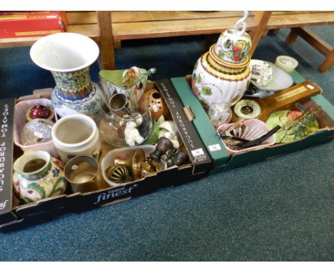 Two boxes containing mixed ceramics, works of art, a barometer, and other items