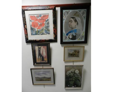 A collection of pictures to include a watercolour of Caer Caradoc by Jean Sanways, a still life watercolour signed Eileen Cha