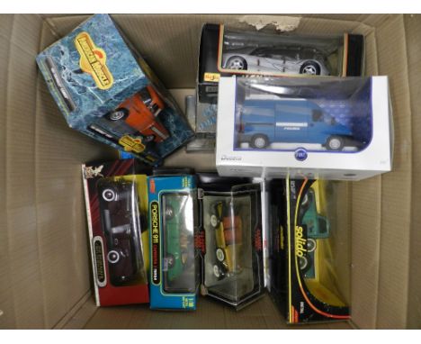 Thirteen large scale boxed die cast vehicles by Hotwheels, Maisto and others to include a Ford flat bed truck with Coca Cola 