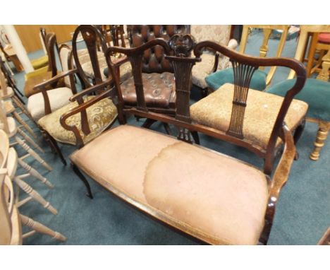 An Edwardian boxwood line strung and marquetry Hepplewhite style open armchair along with two early 20th century bedroom chai