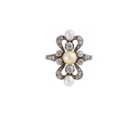 AN EARLY 20TH CENTURY FRENCH GOLD, DIAMOND AND PEARL RING  CIRCA 1900  The lobed panel set with old mine cut and rose cut dia