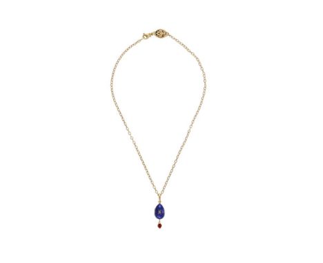 VICTOR MAYER FOR FABERGÉ, A MODERN BLUE ENAMEL EGG PENDANT ON CHAIN  The gold coloured blue enamelled egg with gilt scroll an