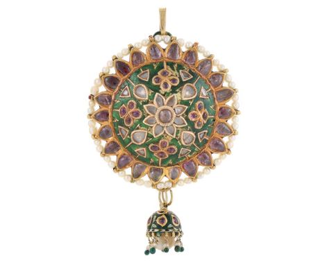 AN INDIAN CIRCULAR GEM, PEARL AND ENAMEL PANEL BROOCH/PENDANT Centred with a domed green enamelled panel with foil backed whi