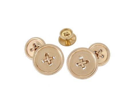 TIFFANY & CO., A PAIR OF GOLD COLOURED BUTTON CUFFLINKS  The graduated polished circular button panels with cross stitch deta