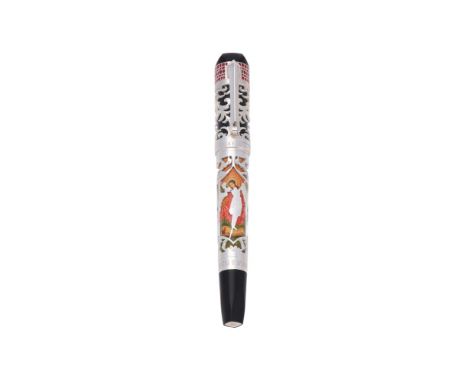 TIBALDI, SANCTUS MICHAEL ARCHANGELUS  A LIMITED EDITION SILVER COLOURED AND HAND PAINTED FOUNTAIN PEN, NO. 054/324Cap and Bar