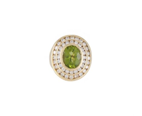 A DIAMOND AND PERIDOT CLUSTER DRESS RING  The ring centred with an oval cut peridot, stated to weigh 4.67 carats, within a do