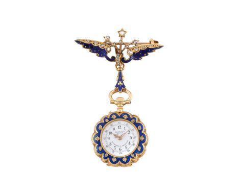 HENRY CAPT, GENEVE A SWISS GOLD, DIAMOND AND ENAMEL LADY'S KEYLESS WIND FOB WATCH, NO. 42948, CIRCA 1980Movement: Bi-metallic