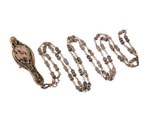 A PAIR OF ENAMEL LORGNETTES ON CHAIN  The shaped holder enamelled on one side with a bird on pale pink ground, within a black