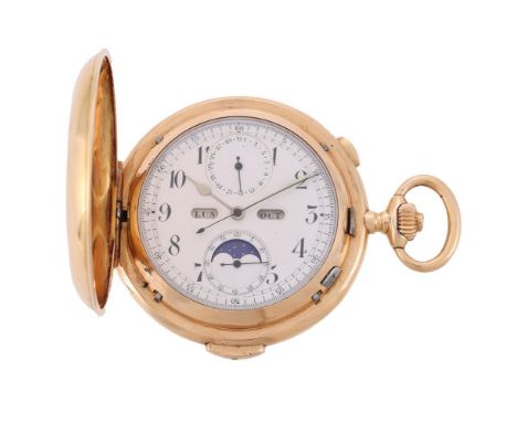 VOLTA A GOLD KEYLESS WIND QUARTER REPEATER FULL HUNTER POCKET WATCH WITH CALENDAR, CHRONOGRAPH AND MOONPHASE, NO. 31979, CIRC