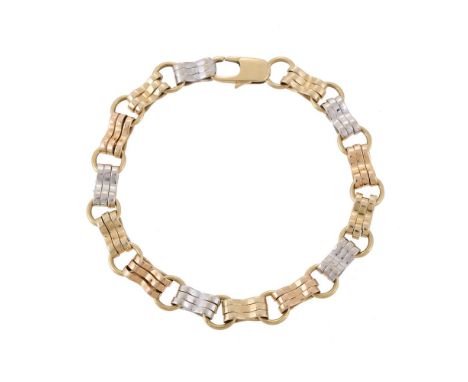 A THREE COLOUR FANCY LINK BRACELET   The hooped links joined by trios of various coloured bars, to a lobster claw clasp, sign