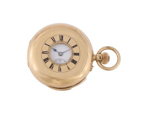 UNSIGNED AN 18 CARAT GOLD KEYLESS WIND MINUTE REPEATER HALF HUNTER POCKET WATCH, NO. 7592, CIRCA 1885Movement: Three quarter 