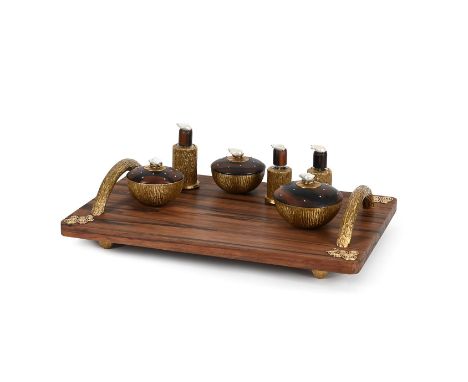 Y&nbspA CONTEMPORARY INDIAN ROSEWOOD, GILT METAL, DIAMOND AND CULTURED PEARL DRESSING TABLE SET  Comprising a rectangular tra