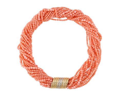 Y&nbspA CORAL MULTI STRAND NECKLACE  The multiple strands of graduated polished coral beads, approximately 3.3 to 4.5mm diame