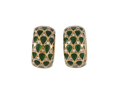 A PAIR OF DIAMOND AND GREEN ENAMEL EARRINGS  The gold hooped panels with pear shaped green plique-à-jour enamel detail, with 