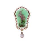 FONTENAY, A LATE 19TH CENTURY JADEITE JADE, RUBY, DIAMOND, PEARL AND ENAMEL CRANE BROOCH CIRCA 1860