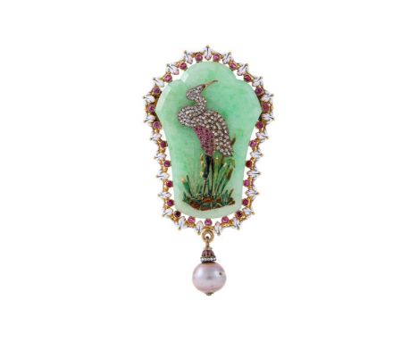 FONTENAY, A LATE 19TH CENTURY JADEITE JADE, RUBY, DIAMOND, PEARL AND ENAMEL CRANE BROOCH  CIRCA 1860  The shaped jadeite pane