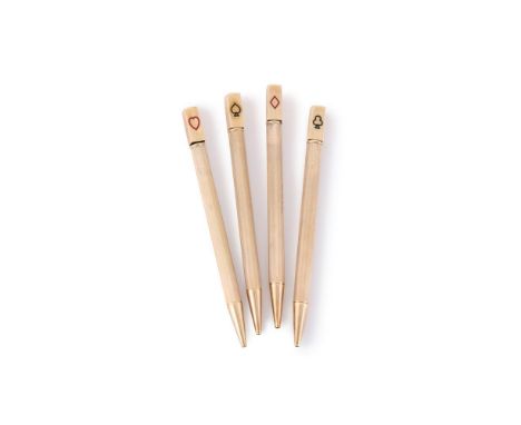A CASED SET OF FOUR 9 CARAT GOLD BRIDGE PROPELLING PENCILS S. J. ROSE & SON, BIRMINGHAM 1981 With engine turned decoration an