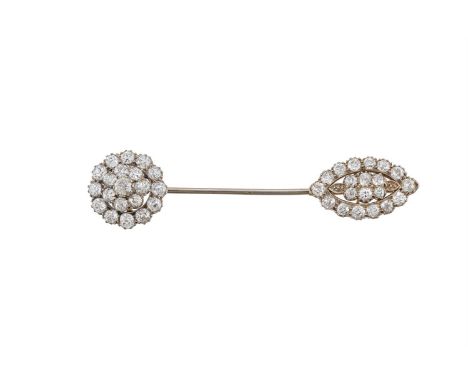 A DIAMOND DOUBLE CLUSTER JABOT PIN  The circular and marquise shaped old European cut diamond cluster terminals connected by 