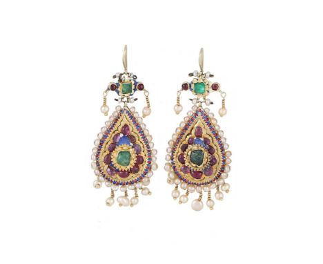 A PAIR OF PERSIAN QAJAR GOLD GEM SET EAR PENDANTS  19TH CENTURY  The pear shaped drop panels each centrally set with a polish