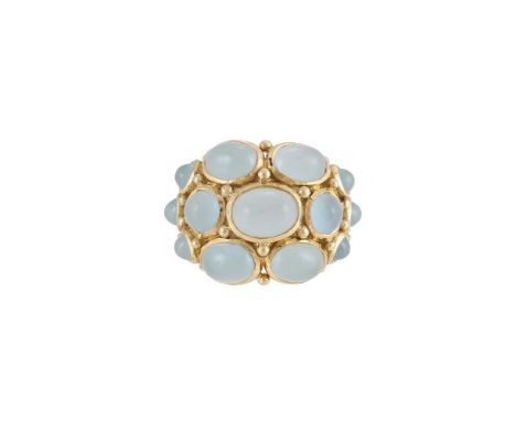 TEMPLE ST CLAIR, BUBBLE, AN AQUAMARINE DRESS RING  The broad front section set with oval and circular cabochon aquamarines wi