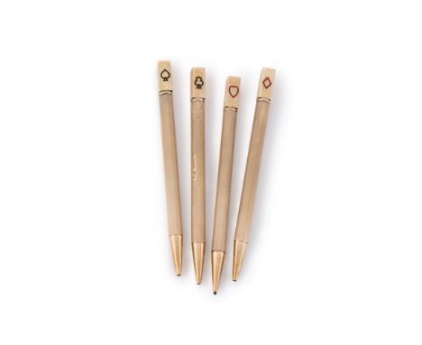 A CASED SET OF FOUR 9 CARAT GOLD BRIDGE PROPELLING PENCILS S. J. ROSE &amp; SON, BIRMINGHAM 1981 With engine turned decoratio