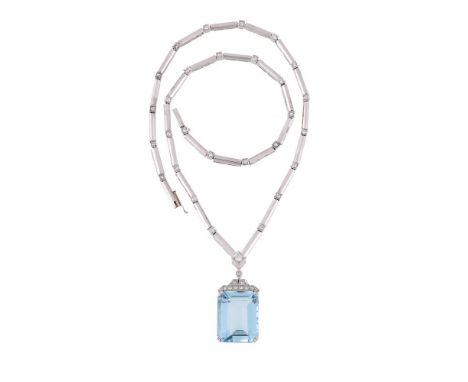 AN AQUAMARINE AND DIAMOND PENDANT ON NECKLACE  The step cut aquamarine with canted corners, estimated to weigh 22.44 carats, 