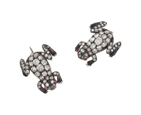 A PAIR OF DIAMOND FROG BROOCHES The silver coloured frogs with gold coloured backs pavé set with old mine cut and rose cut di