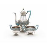 A NORWEGIAN SILVER AND ENAMEL SILVER THREE PIECE COFFEE SET