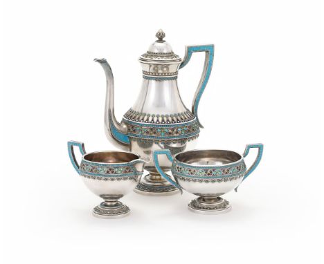 A NORWEGIAN SILVER AND ENAMEL SILVER THREE PIECE COFFEE SET GUSTAV HELLSTROM, .925 STANDARD, STAVANGER, EARLY 20TH CENTURY Th