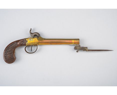 A navy percussion pocket pistol with spring bayonet dating: mid-19th Century provenance: France Smooth, octagonal, brass, 14 