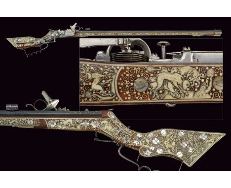 An outstanding wheel lock tschinke dating: mid-17th Century provenance: Teschen Octagonal, rifled, 8 mm cal. barrel with bell