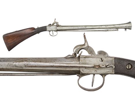 A folding blunderbuss percussion gun with spring bayonet dating: mid-19th Century provenance: France Smooth, octagonal barrel