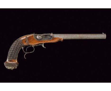 A rare percussion breechloading pistol dating: mid-19th Century provenance: Italy Octagonal, damask, micro-rifles, 12 mm cal.