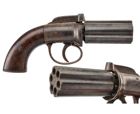 A six shot percussion pepperbox revolver dating: mid-19th Century provenance: England A set of six, grooved, 8 mm cal. barrel