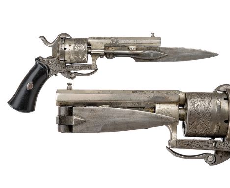 A revolver with folding knife dating: third quarter of the 19th Century provenance: Europe Octagonal, rifled, 7 mm cal. barre