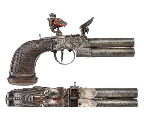 A four-barrelled flintlock pocket pistol dating: early 19th Century provenance: Belgium Round, smooth, turn-off barrels, box-