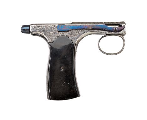 A "Diable" breech loading palm pistol dating: 1875-1890 provenance: France Steel frame, entirely engraved with mask and flora