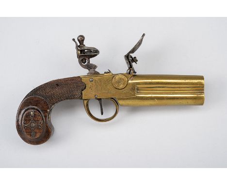 A double barrelled navy flintlock pocket pistol dating: early 19th Century provenance: Italy Smooth, round, overlapping, 11 m