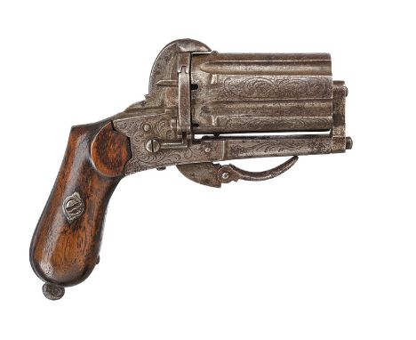 A pin-fire pepperbox revolver dating: third quarter of the 19th Century provenance: Belgium Long, six-chamber, grooved, 7 mm 