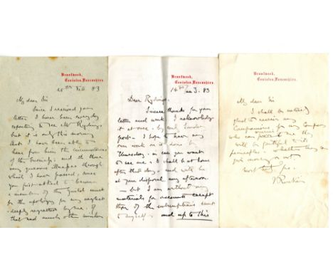 *Ruskin (John, 1819-1900). A group of 4 autograph letters signed 'J. Ruskin', Brantwood, Coniston &amp; Oxford, January to Ma