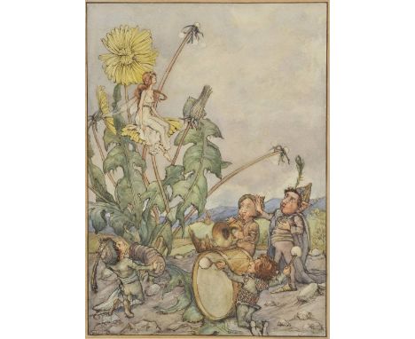 *Rice Oxley (Margaret, 1888-1968). The Dandelion Fairy, watercolour, depicting a fairy seated on a dandelion flower, being se