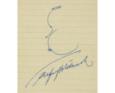 *Hitchcock (Alfred, 1899-1980). A signed original self-caricature,  drawn and signed in blue ink on ruled paper from a perfor