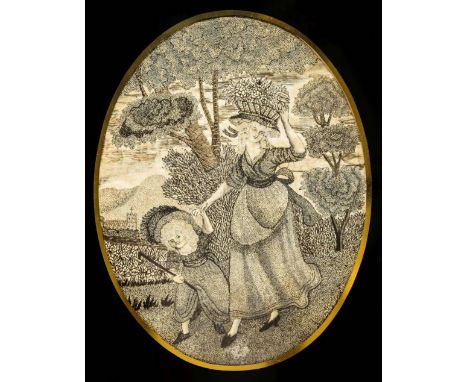 *Embroidered picture. An embroidered oval picture of a lady and child, circa 1790,  finely worked in black thread on cream si