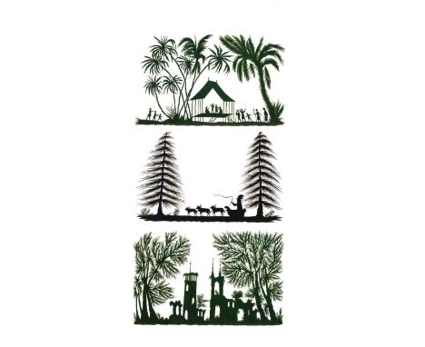 Silhouettes. An album of finely-cut scissor silhouettes, 1829-1837,  thirty-five paper silhouettes on green, blue or black pa