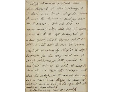 Burney (Frances 'Fanny', Madame d'Arblay, 1752-1840). Autograph Letter in the third person, signed Miss Burney to address pan